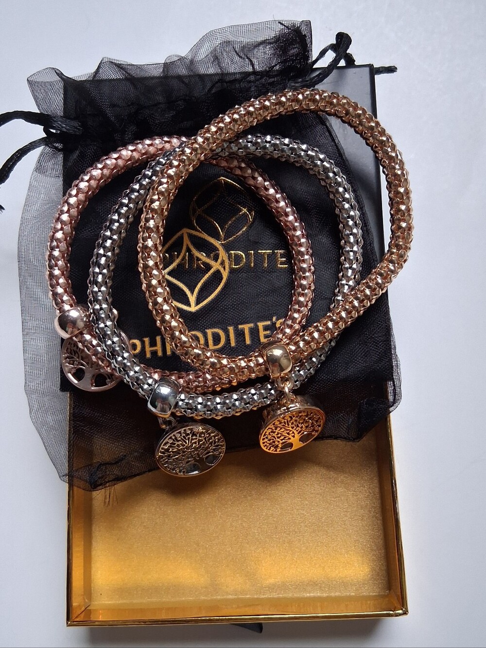 Aphrodites Tree of Life Charm Bracelets Stretch Gold Silver Rose Plated Crystals